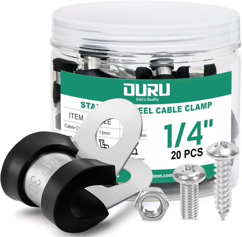 ORU 20PCS 1/4 Inch Cable Clamps with 45PCS Screws Assortment Kit 304 Stainless Steel Rubber Cushioned Insulated Cable Clamp, Automotive Wire Pipe Clamps(6mm) - Image 1
